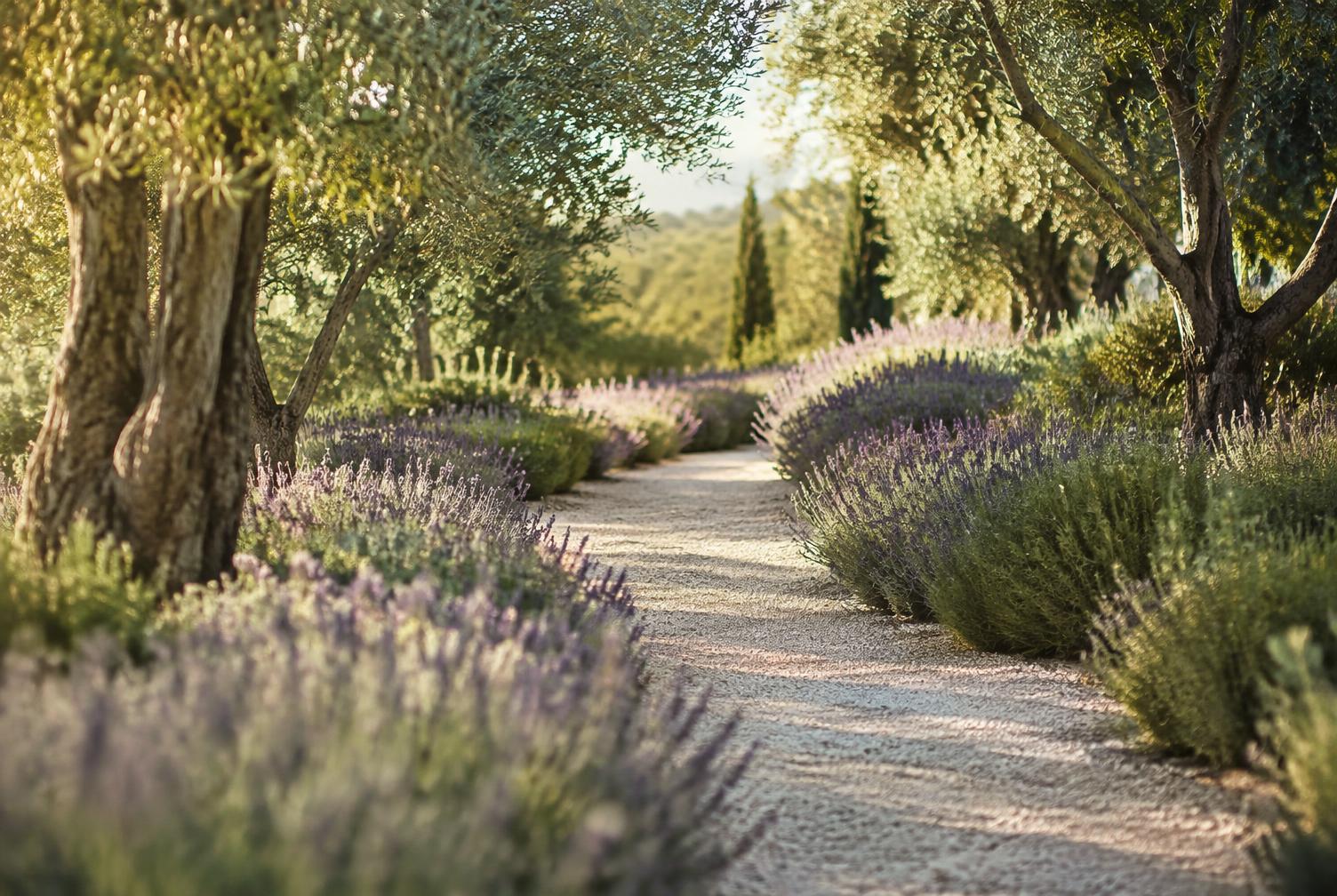 Gravel garden path lined with lavender and olive trees