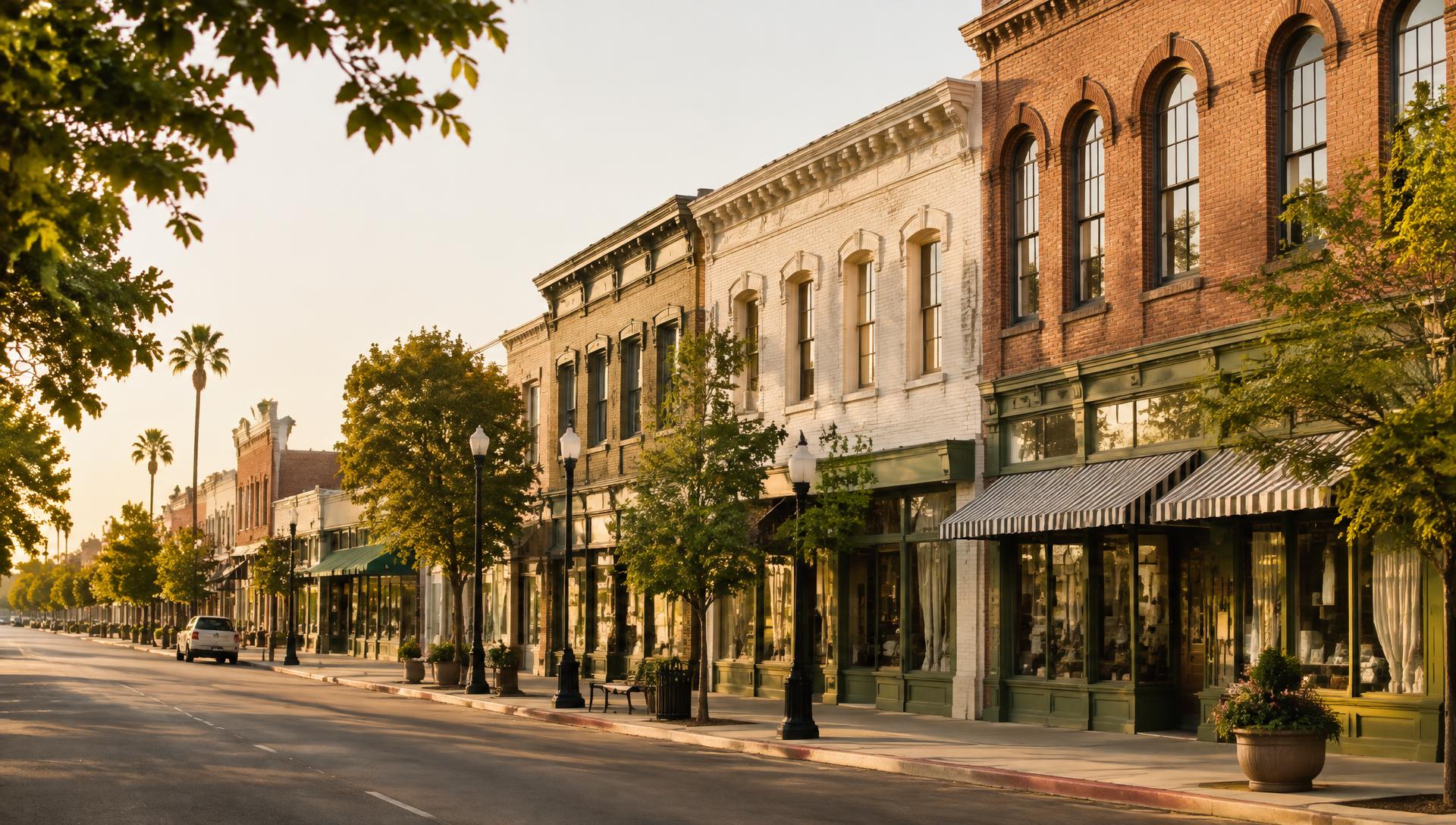 Historic brick storefronts along a tree-lined Central Valley main street in golden light